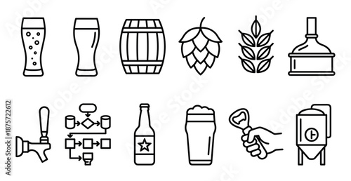 Collection of beer and brewing icons in a simple black outline style, showing a pint glass, wooden barrel, hop, barley, tap, bottle, opener, and fermentation equipment