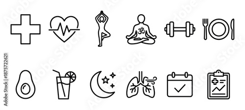 Set of black line icons representing health, wellness, fitness, and self-care concepts like yoga, diet, sleep, and medical checkups in a minimalist outline illustration style