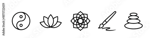 Set of five black line art icons representing wellness and creativity, including a yin yang, lotus, mandala, paintbrush, and balancing stones in a minimalist graphic style