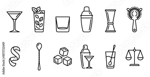 Cocktail and bar tool line icon set showing a shaker, jigger, strainer, glasses, and other bartending equipment in a minimalist black and white vector illustration style