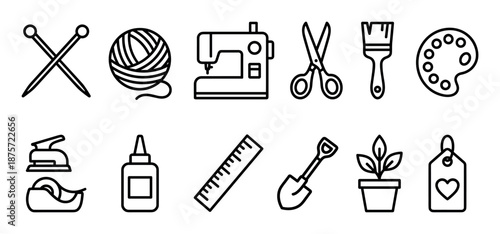 Set of black line art icons for creative hobbies and DIY projects, showing a sewing machine, yarn, scissors, paintbrush, palette, ruler, glue, and gardening supplies