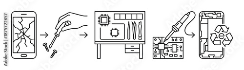 Linear icon set illustrating the smartphone repair and e-waste recycling process, from a cracked screen to disassembly with tools, soldering, and final electronic disposal