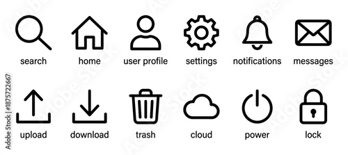 Twelve essential user interface icons rendered in a simple black outline style, a collection of symbols with labels for search, home, profile, settings, and notifications
