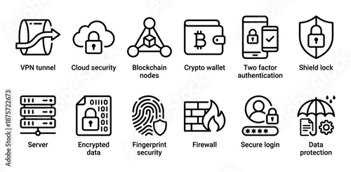 Comprehensive set of black line icons representing cybersecurity, online privacy, and data protection, featuring symbols for VPN, firewall, encryption, and secure authentication