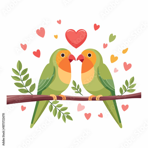 A pair of lovebirds perches on a branch, their beaks touching in a natural Valentine�s Day scene.