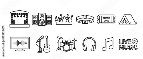 Music festival and concert line art icons showing a stage, speakers, crowd, ticket, wristband, instruments, and headphones for live entertainment and event concepts