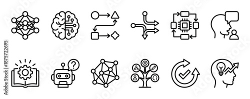 Collection of thin line art icons for artificial intelligence and machine learning concepts, featuring symbols for neural networks, algorithms, data processing, and innovative ideas