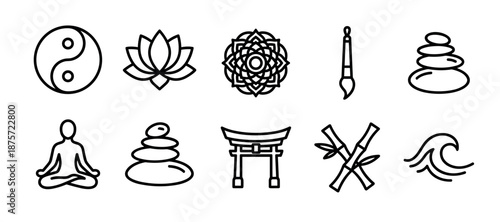 Set of black line art icons representing Zen, meditation, and spirituality with symbols like yin yang, lotus, mandala, and stacked stones in a minimalist style