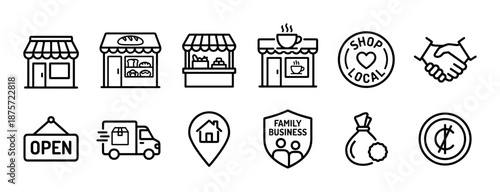 Collection of minimalist black line icons for small business support, featuring a local shop, family enterprise shield, delivery service, open sign, and financial pictograms