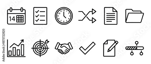 Set of black line business icons for project management, including calendar, clock, checklist, target, and handshake symbols for planning, strategy, and workflow concepts