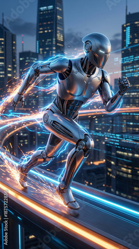 Futuristic robot sprinting on illuminated pathway in city at night  