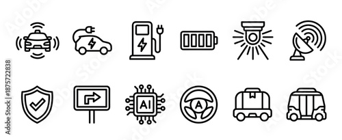 Collection of thin line icons representing autonomous vehicle technology, featuring symbols for electric cars, AI, sensors, charging, navigation, and driverless transport
