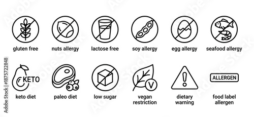 Food allergy and dietary restriction line icons in a minimalist black and white set showing symbols for gluten free, vegan, keto, paleo, low sugar, and common allergens