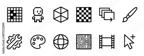 Collection of black line art icons for digital design and creative software, featuring pixel art, 3D modeling, painting tools, and user interface elements in a clean, minimalist vector style