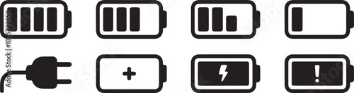 battery icon set, battery charge level indicator icon, Attention battery discharged, battery capacity symbol, vector illustration