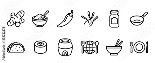 Set of minimalist black line art icons representing international cuisine, food ingredients, and cooking utensils like ginger, chili, sushi, and a frying pan