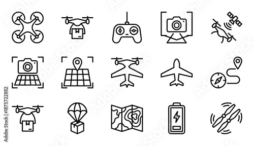 Set of black line icons representing drone technology and aerial delivery, featuring a quadcopter, remote control, camera, satellite, navigation map, and battery symbols for tech concepts