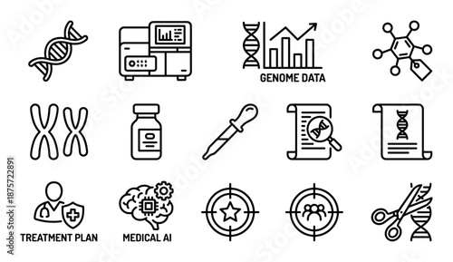 Set of black line icons representing genetics, genomics, and personalized medicine, illustrating concepts like DNA, chromosomes, gene editing, medical AI, and biotechnology research