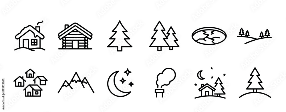 Fototapeta premium Set of black linear nature icons featuring winter houses, log cabins, pine trees, mountains, and a night sky with a moon and stars, designed in a minimalist graphic style