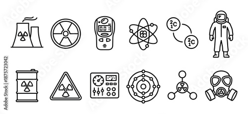 Set of nuclear energy and radiation icons featuring a power plant, atom symbol, hazmat suit, and gas mask in a minimalist black and white outline illustration style
