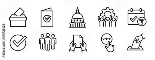 Collection of black line icons representing voting, elections, and civic duty, including a ballot box, government building, calendar, and voter symbols for political campaigns