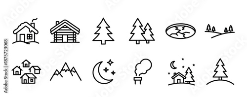 Set of black linear nature icons featuring winter houses, log cabins, pine trees, mountains, and a night sky with a moon and stars, designed in a minimalist graphic style