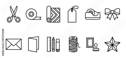 Set of black line art icons for gift wrapping and crafting, including scissors, tape, paper, a bow, tag, envelope, card, and other stationery supplies in a minimalist vector style