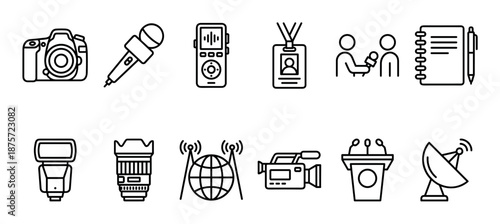 Set of black line art icons for journalism and media, illustrating equipment for reporting like a camera, microphone, press pass, and video recorder