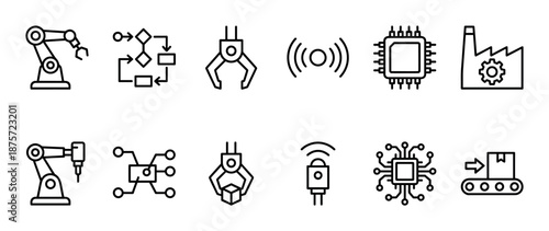 Set of black line icons representing industrial automation, robotics, and smart factory technology, including robotic arms, conveyor belts, CPUs, and sensors for modern manufacturing concepts
