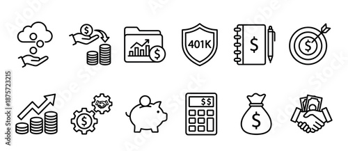 Financial and business line art icon set representing concepts of saving money, investment growth, retirement planning, budgeting, and achieving monetary goals