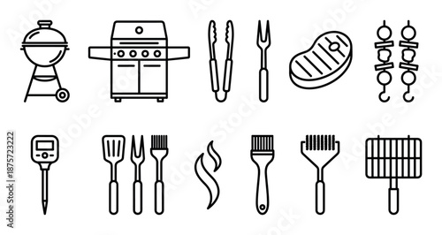 Set of barbecue and grilling icons featuring a grill, steak, skewer, tongs, spatula, and other cooking utensils in a simple black and white line art vector illustration style