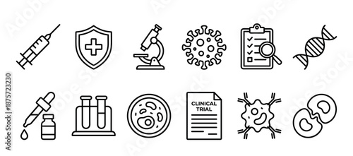 Medical and scientific research line icon set showing a syringe, virus, DNA, microscope, and clinical trial document for healthcare and laboratory concepts