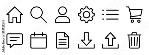 Set of black line art icons for user interface design, featuring home, search, profile, settings, cart, download, and upload symbols for web and mobile applications