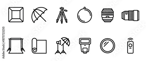 Photography studio equipment line icon set with softbox, tripod, camera lens, flash, and reflector for professional photographers