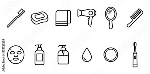 Set of black line art icons representing personal care and beauty products like a toothbrush, soap, towel, hairdryer, mirror, comb, face mask, lotion dispenser, and cotton pad