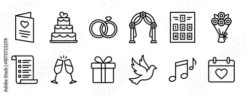 Wedding ceremony and celebration line icon set featuring a cake, rings, invitation, arch, gift, and dove for marriage and romantic event planning in a minimalist outline style