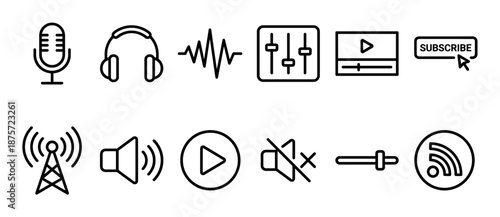 Set of black line icons for podcasting and audio production, including a microphone, headphones, soundwave, mixer, and play button for web and app user interface design