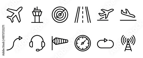 Aviation and airport themed line icon set with airplane, control tower, radar, and runway symbols for air travel and navigation in a minimalist black outline style