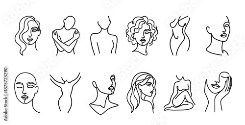 Collection of continuous one line art drawings of female faces, portraits, and body silhouettes in a modern, abstract, and sensual style for beauty and fashion concepts