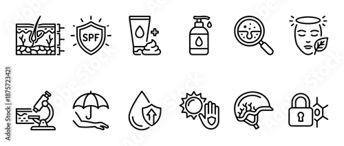 Skincare and dermatology line icon set featuring symbols for sun protection, skin layers, cosmetics, hydration, and scientific research for beauty and health concepts