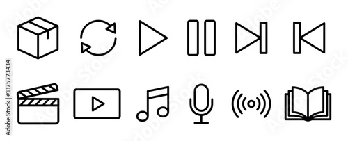 Collection of multimedia and player control icons in a minimalist black line art style, including symbols for play, pause, music, video, podcast, and reading for UI design