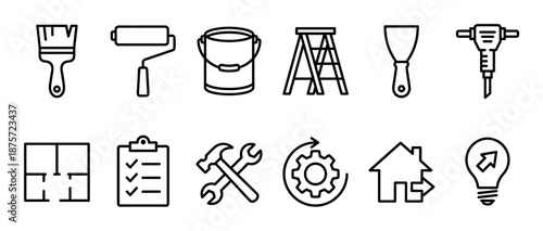 Set of black line art icons representing home renovation, construction, and DIY projects, featuring tools like a hammer, roller, paintbrush, and ladder in a minimalist style
