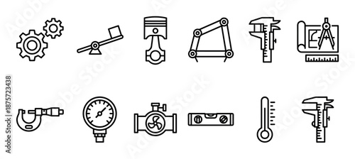 Set of engineering and mechanical icons including gears, a piston, caliper, gauge, blueprint, and level, presented in a clean black and white line art vector illustration style