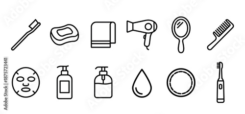 Set of thin line vector icons for personal hygiene and cosmetic products, showcasing bathroom essentials like a toothbrush, soap, towel, hairdryer, mirror, and face mask