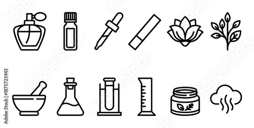 Black outline icon set for natural cosmetics and aromatherapy, showing a perfume atomizer, essential oil vial, laboratory flask, mortar, pestle, and botanical elements