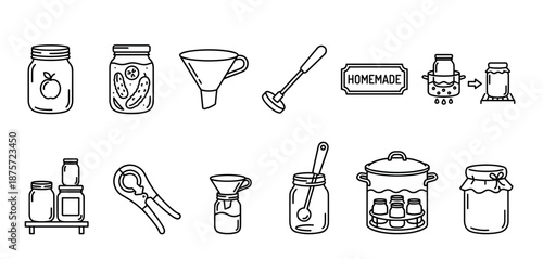 Set of homemade canning and preserving icons showing glass jars, kitchen tools, and the pickling process in a simple black and white line art illustration style