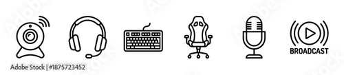 Set of black line icons for gaming and streaming equipment, including a webcam, headset, keyboard, gaming chair, microphone, and a broadcast symbol in a minimalist vector style