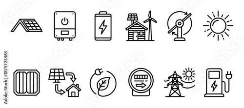 Collection of renewable energy line icons featuring solar panels, wind turbines, electric vehicle charging stations, and batteries, illustrating sustainable and green power technology