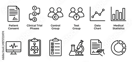 Clinical trial and medical research icon set with patient consent, control group, data chart, and statistics symbols in a simple black line art style for infographics