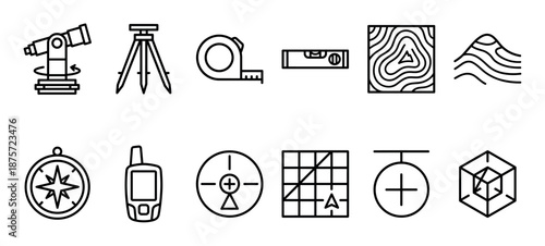 Set of geodetic survey line icons for cartography and land measurement, including a theodolite, tripod, compass, GPS, and topographic map symbols in a minimalist style